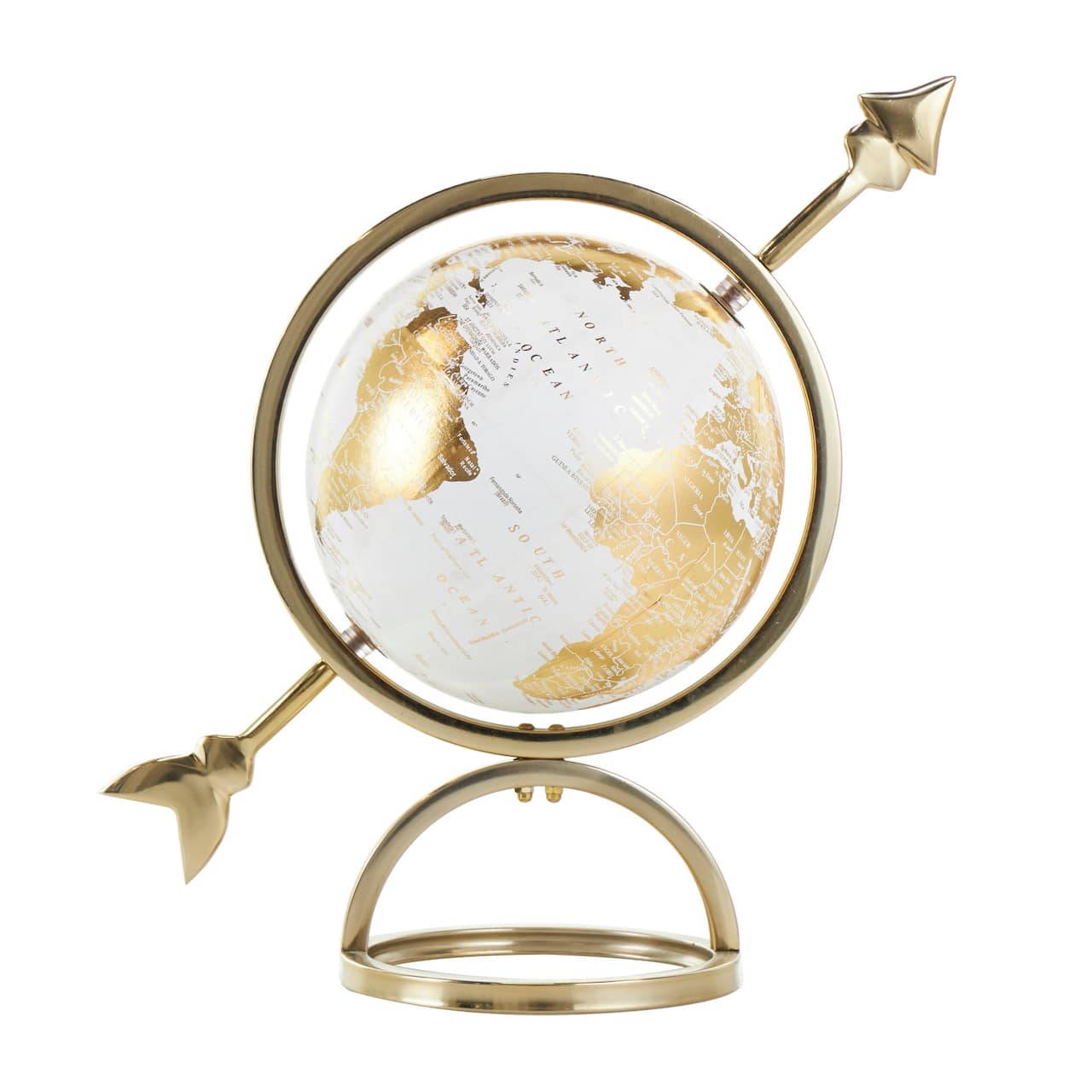White & Gold Aluminum Tabletop Globe in Arrow Stand